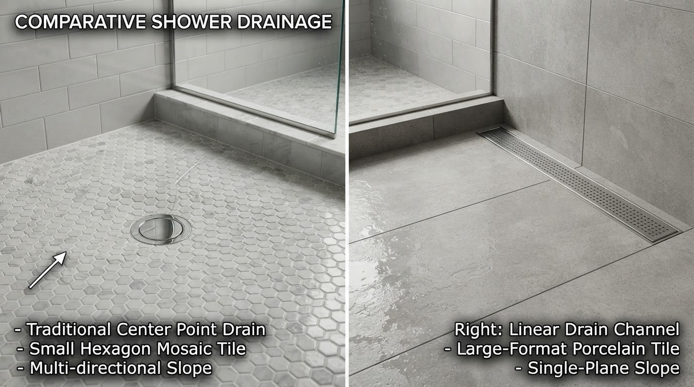 Side-by-side comparison of a traditional round chrome center point drain with multi-directional mosaic floor slope versus a long stainless steel linear drain channel with single-plane large-format porcelain shower floor tile