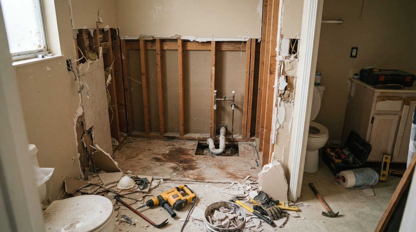 Bathroom demolition stage of a tub-to-shower conversion showing the old bathtub removed, exposing wall framing and subfloor before new shower construction