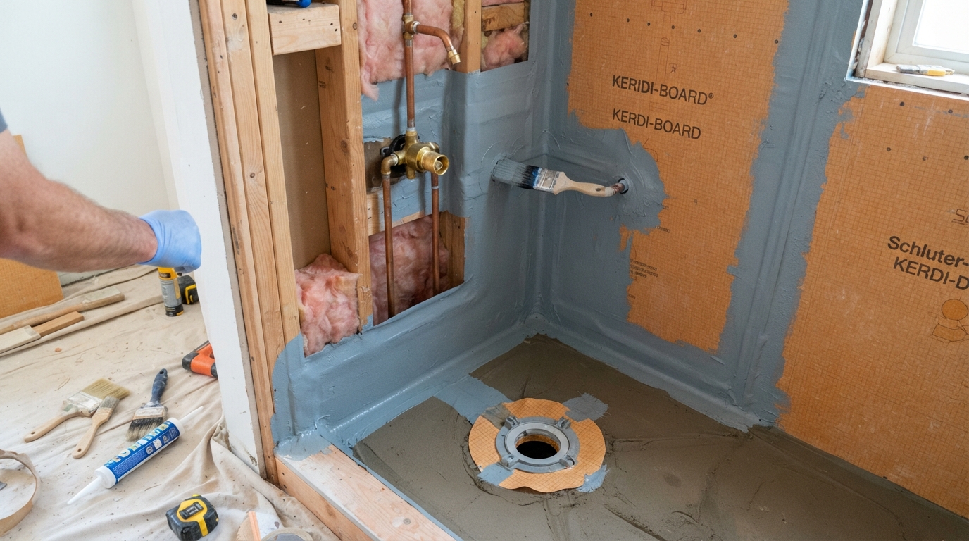 Shower waterproofing membrane installation behind tile during a tub-to-shower conversion in Southern California
