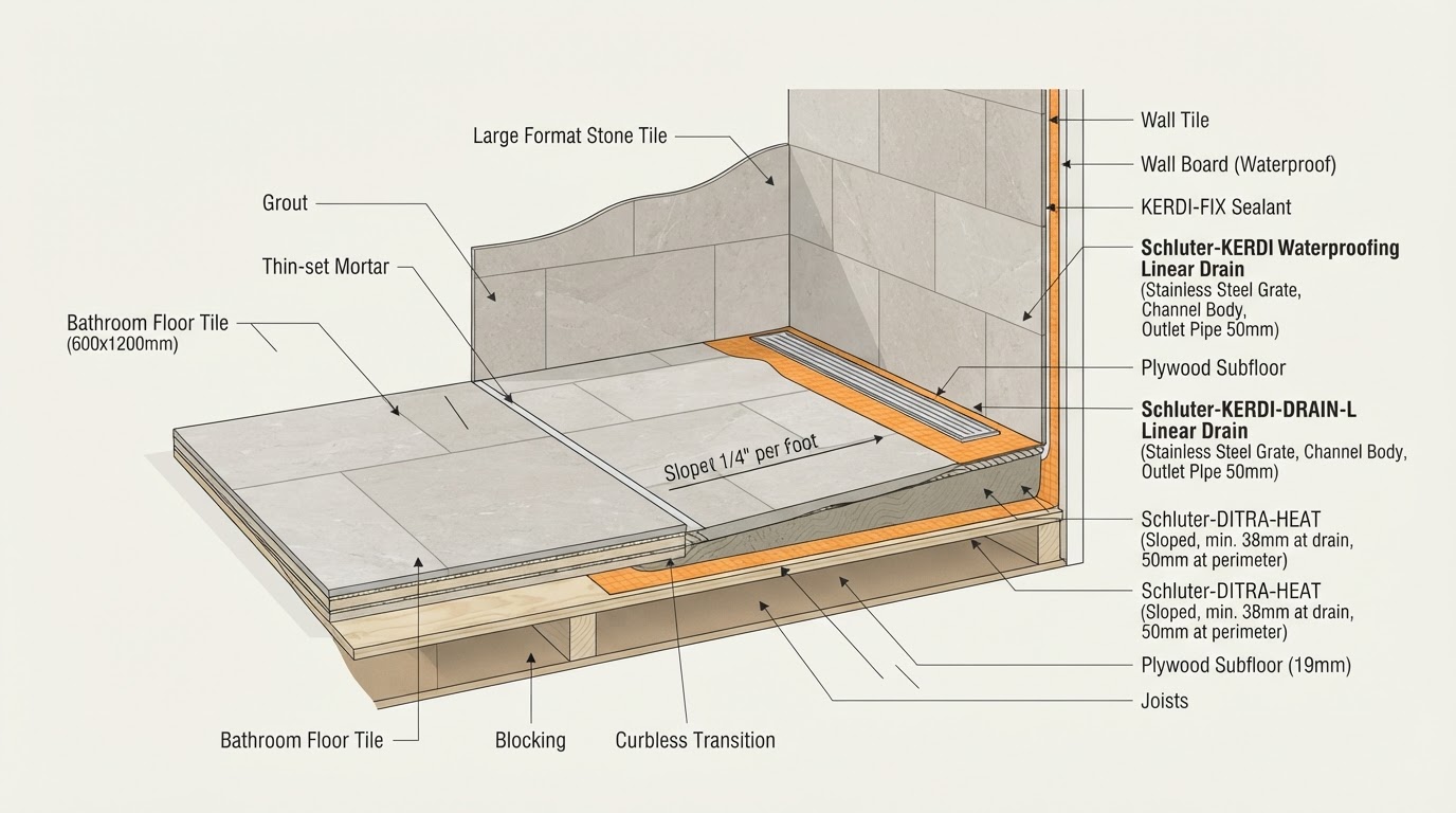 Technical diagram of a curbless shower floor assembly showing waterproofing membrane layers, sloped mortar bed, linear drain channel along the wall, and large-format tile installation detail