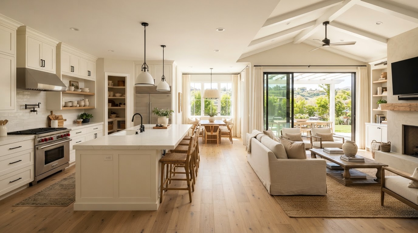 A spacious open-concept kitchen and family room expansion in a Southern California home with a large kitchen island, white cabinetry, stainless steel appliances, and sliding glass doors opening to a bright patio, representing kitchen and family room addition cost in California