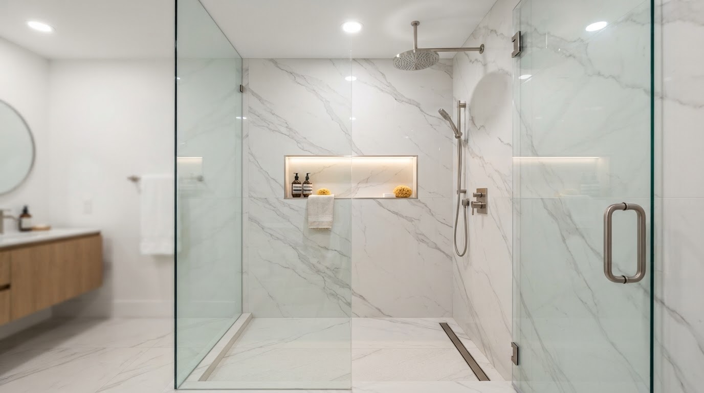 Modern shower with wet-rated recessed ceiling light, illuminated built-in niche, large-format marble-look tile, and frameless glass