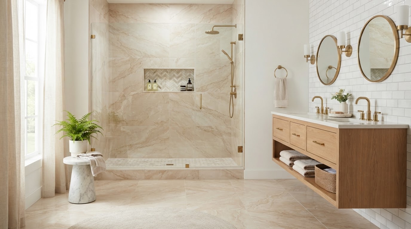Luxury primary bathroom with large-format warm beige marble-look porcelain floor and shower wall tile, white subway tile vanity backsplash, small mosaic shower floor and decorative mosaic niche, natural oak floating vanity and brushed brass fixtures
