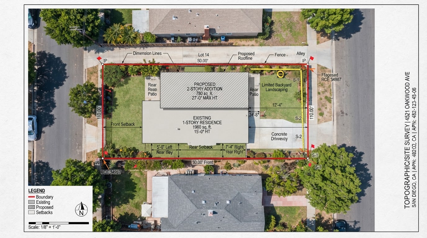 An aerial site survey drawing of a compact Southern California residential lot with limited yard space, showing property boundary lines, setback dimension lines, a single-story house footprint, and a proposed second-story addition footprint shaded above the existing home