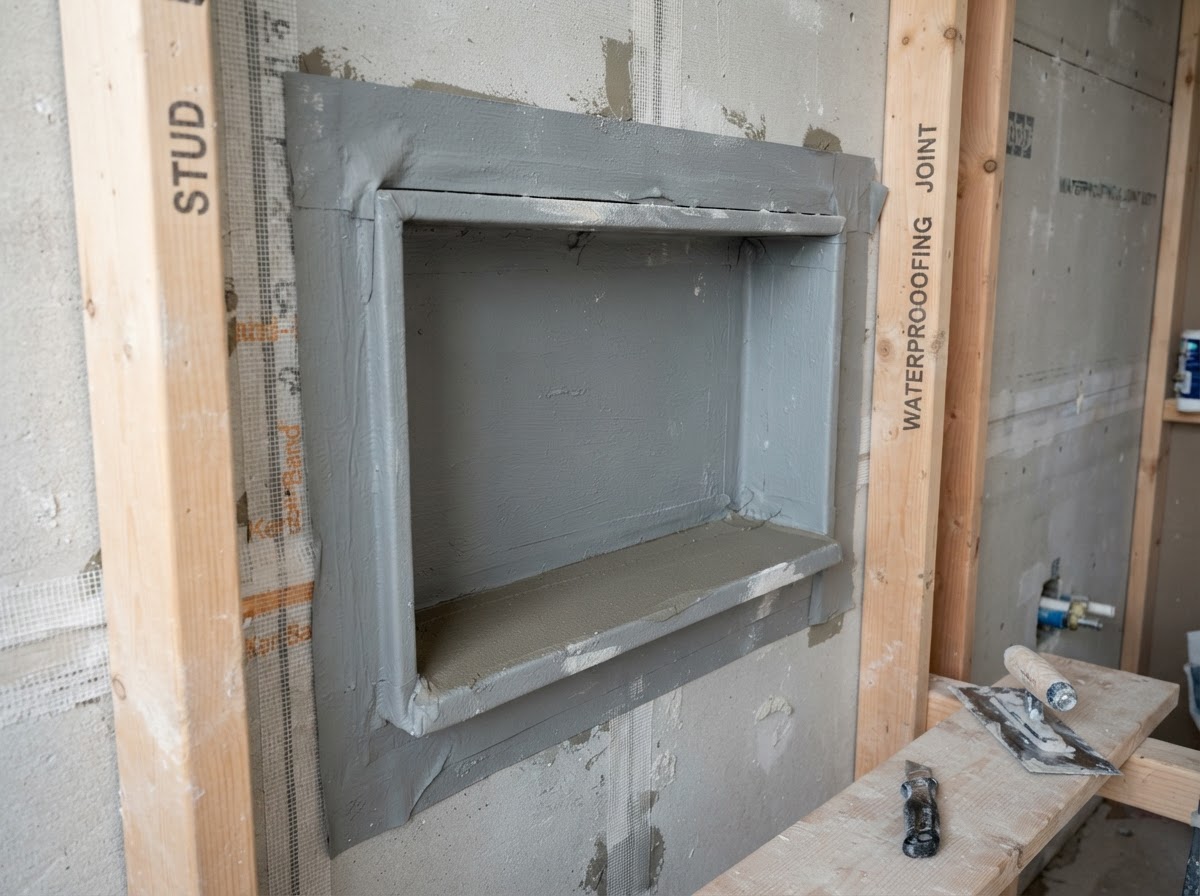 Custom shower niche construction showing waterproofing membrane folded into the recessed wall cavity, sloped shelf, and cement backer board before tile installation