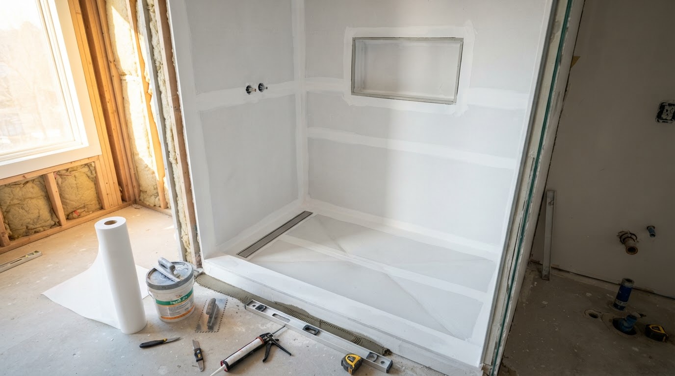 Luxury bathroom walk-in shower during construction showing white waterproofing sheet membrane installed over cement board on shower walls, a sloped shower pan with linear drain, and a framed niche opening