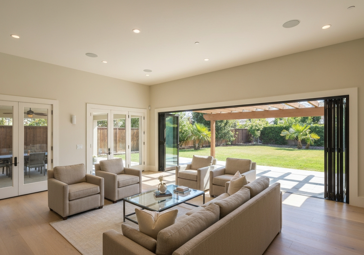 Modern family room home addition opening to backyard in Southern California