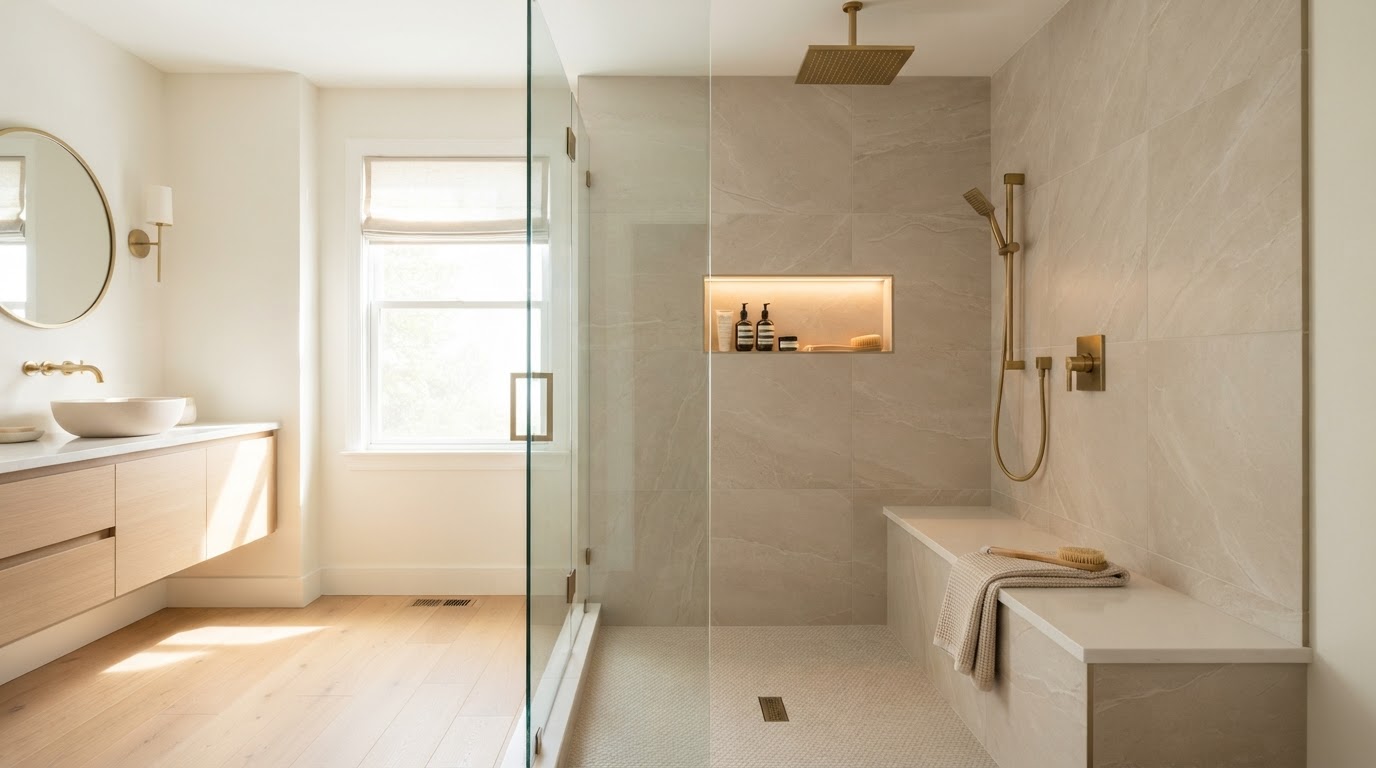 Luxury walk-in shower with frameless glass enclosure replacing an old bathtub in an Orange County bathroom remodel