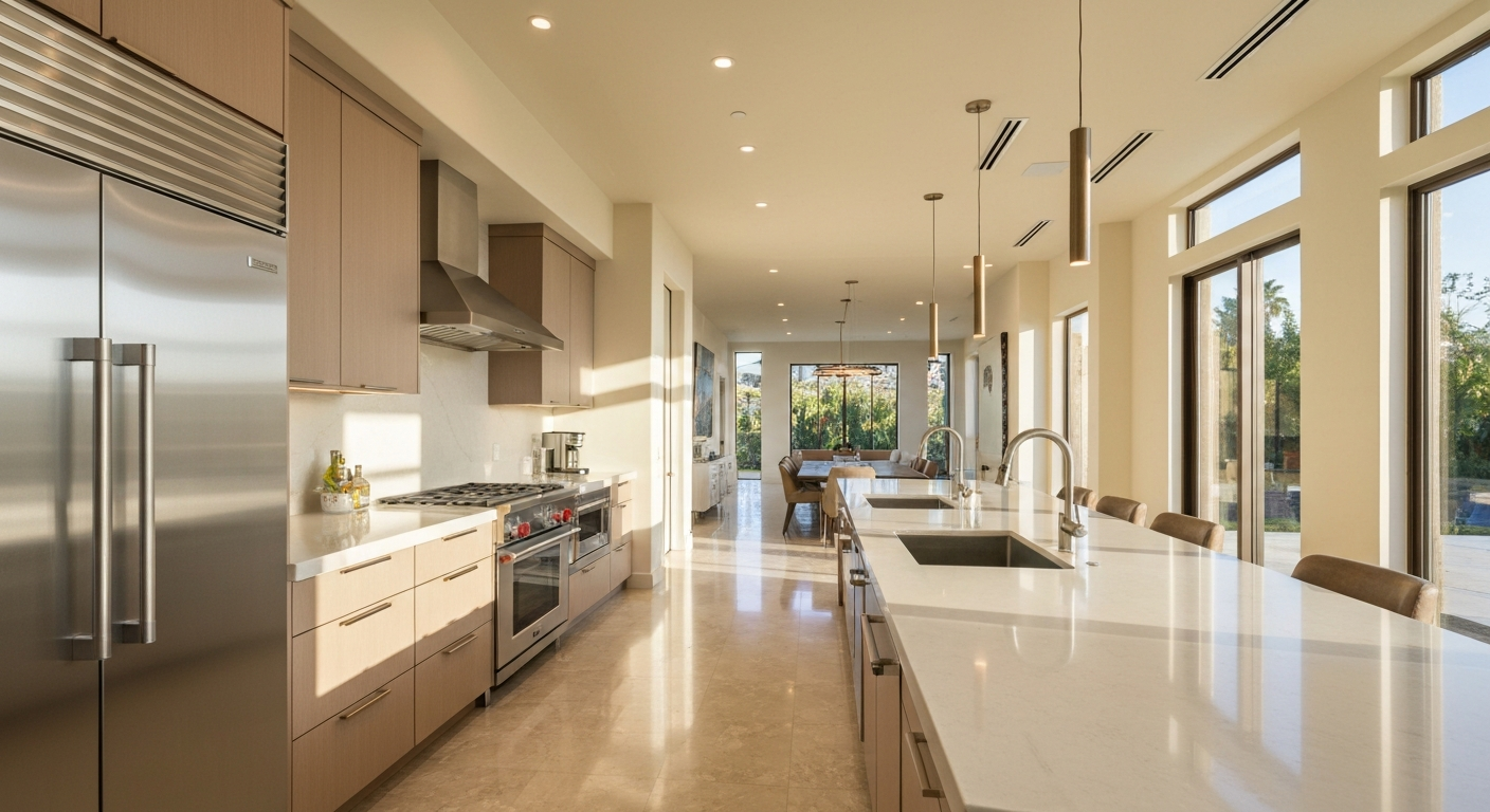 Luxurious, modern, sunlit kitchen interior in Southern California with an open concept layout