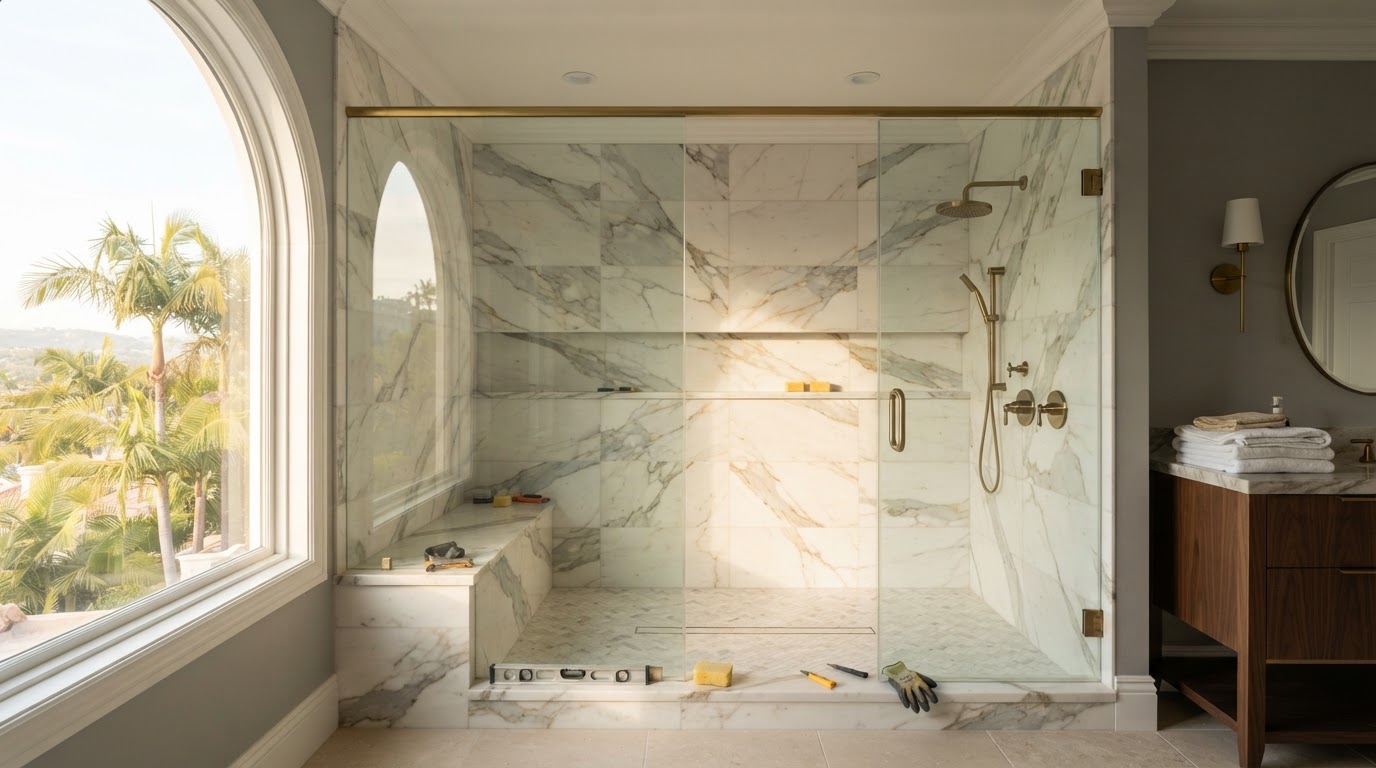 Luxury bathroom remodel with walk-in shower and frameless glass in an Orange County home