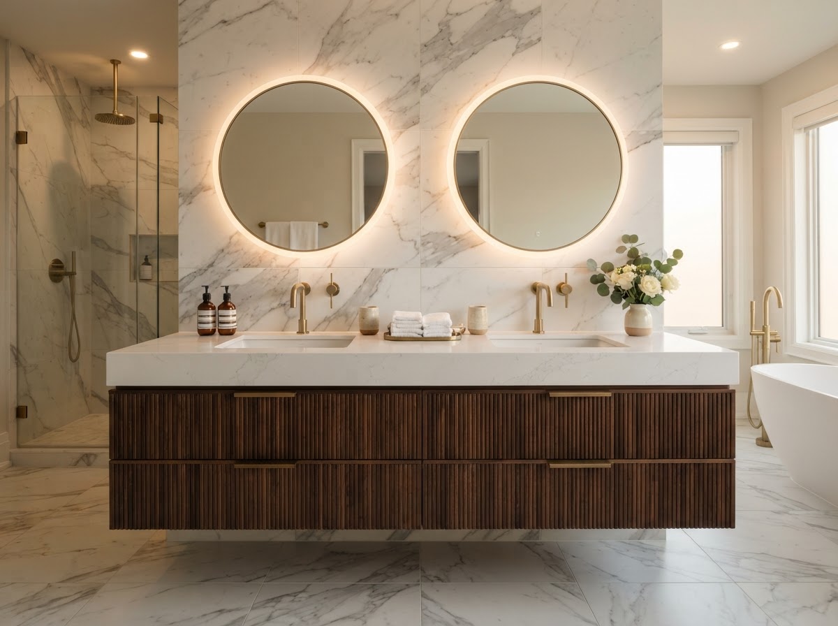 Elegant double bathroom vanity with white quartz countertop, modern sinks, brushed brass faucets, and backlit mirrors