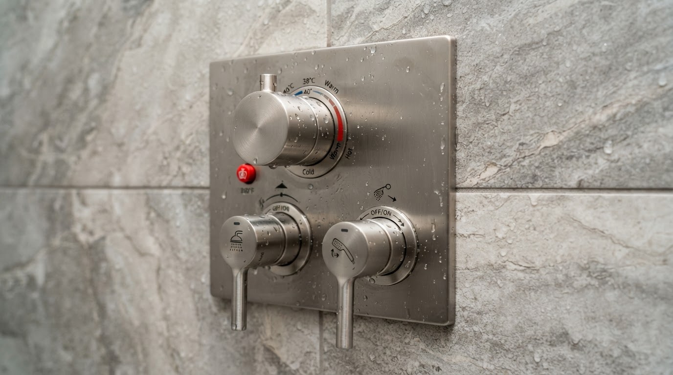 Close-up detail of a modern thermostatic shower valve trim with a temperature dial and separate volume control handles in brushed nickel, mounted on a large-format stone-look porcelain shower wall