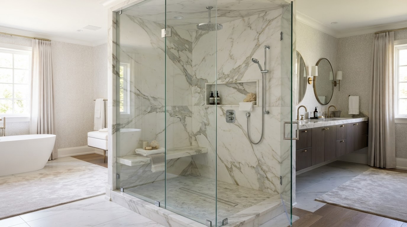 Custom walk-in shower with frameless glass, marble tile, and built-in niche in a primary bathroom remodel