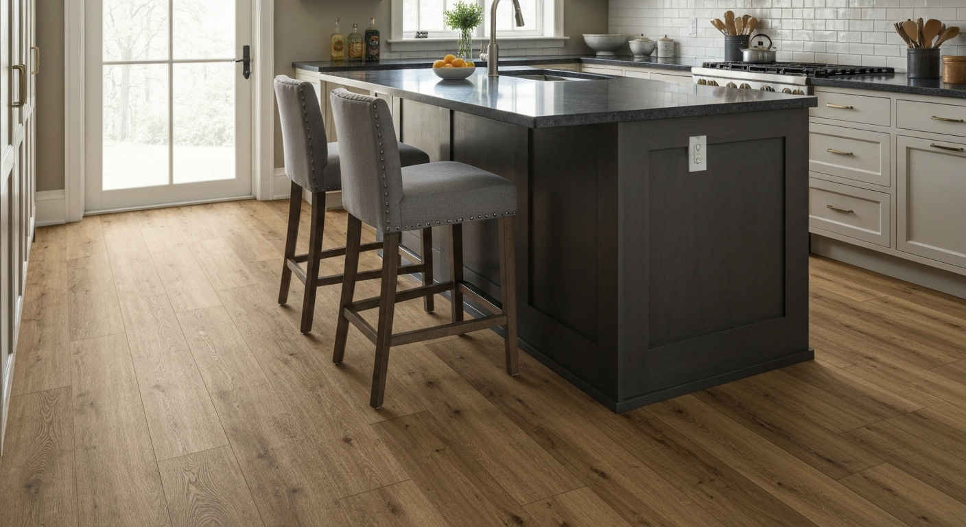 A warm, inviting kitchen featuring realistic wide-plank Luxury Vinyl Plank (LVP) flooring