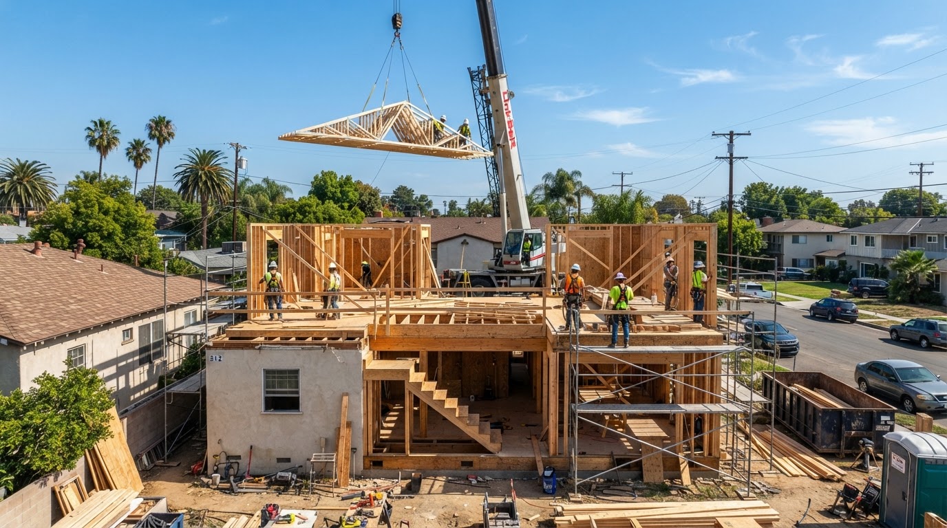 A second-story home addition under construction in a Southern California neighborhood with the existing single-story roof removed, new wood framing for the upper floor being erected on scaffolding, structural reinforcement and a new staircase opening visible
