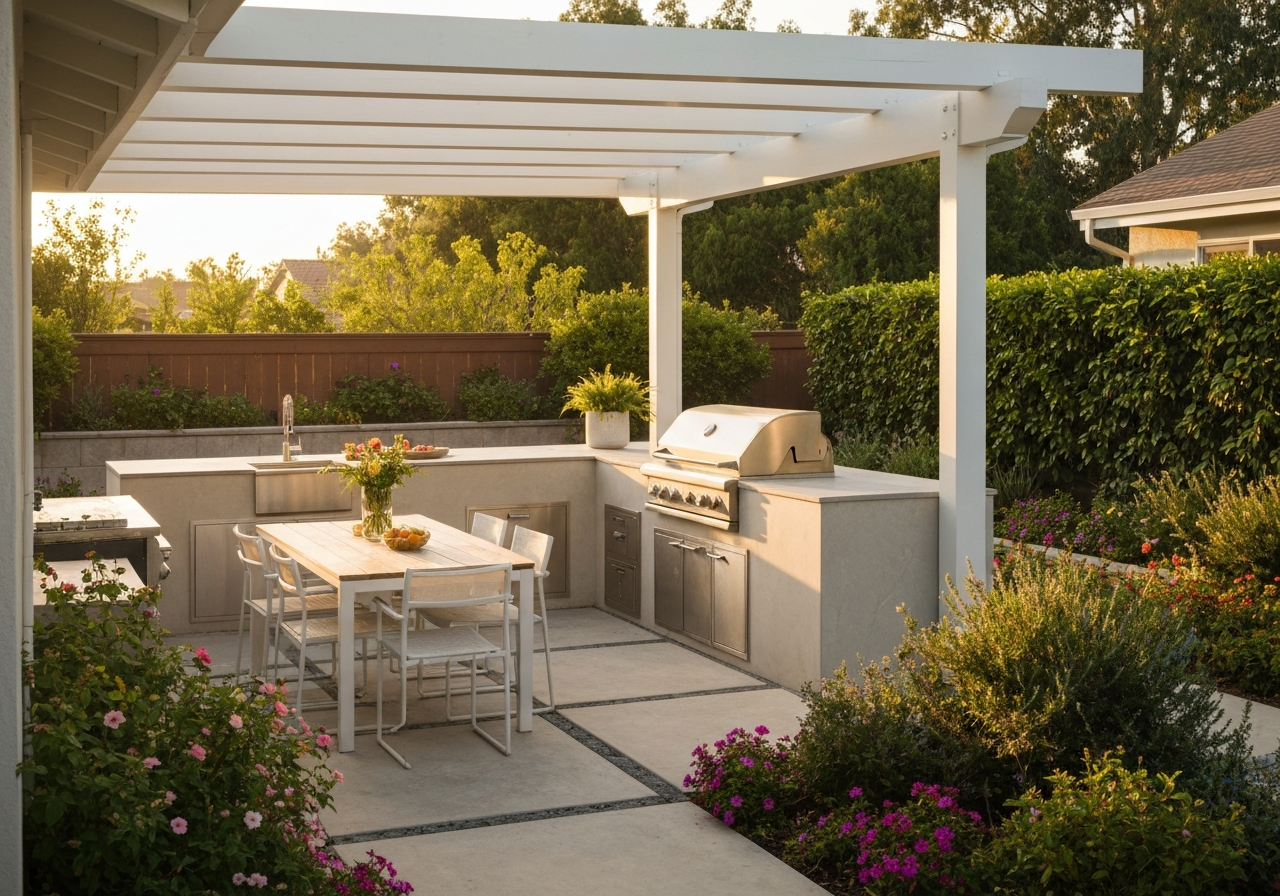 Modern outdoor kitchen and dining area built in Southern California