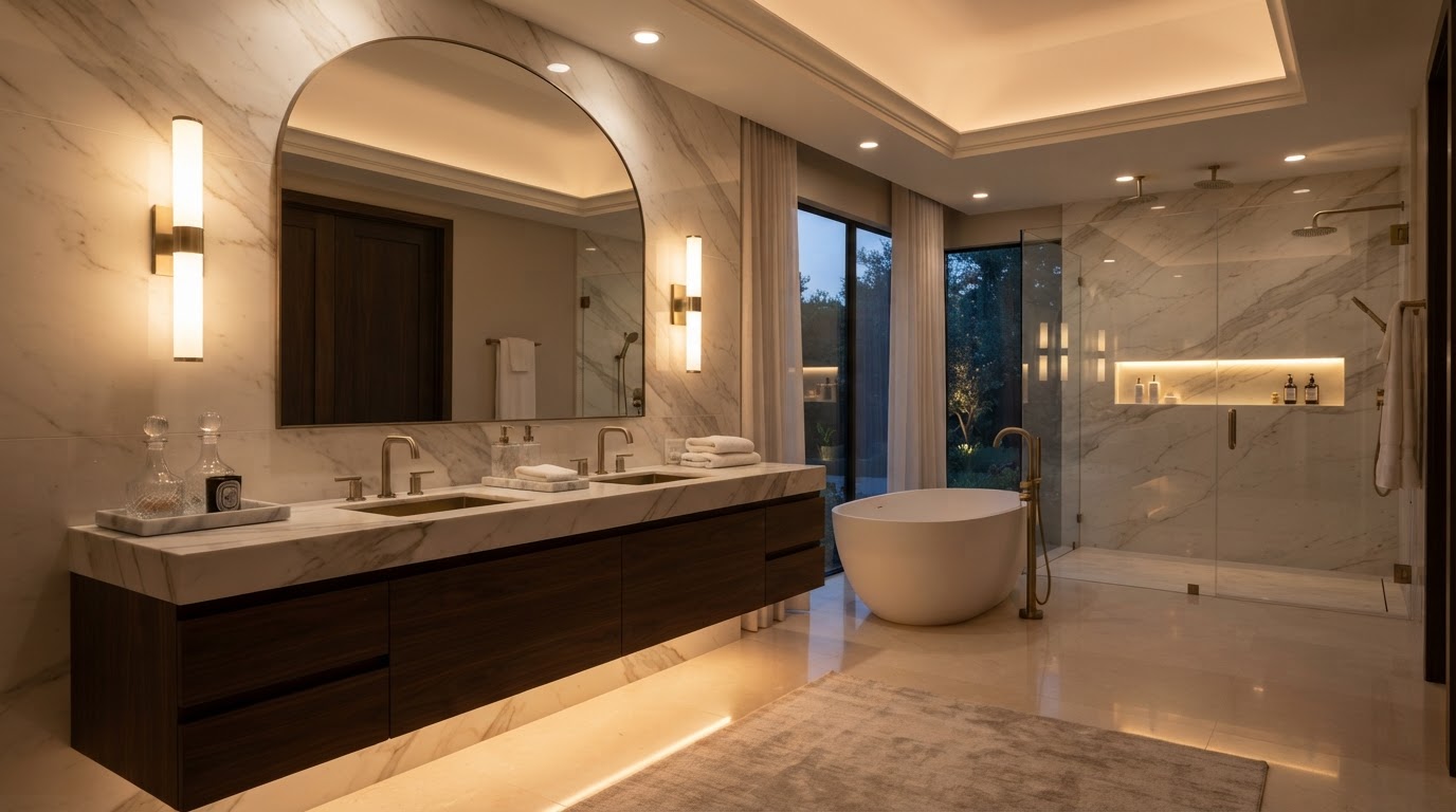 Luxury primary bathroom with layered lighting plan: recessed ceiling lights, vanity sconces, under-vanity toe-kick lighting, and illuminated shower niche