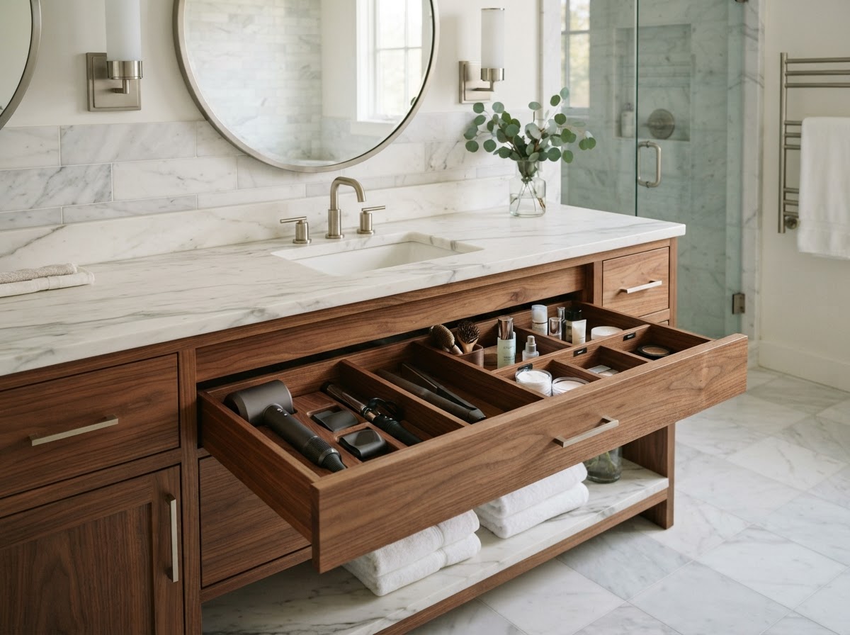 Custom bathroom vanity with deep organized pull-out drawers, integrated dividers for hair tools and toiletries, warm natural wood cabinetry, and a polished marble countertop with an undermount sink and brushed nickel faucet