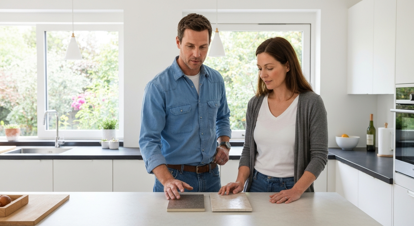A professional contractor reviewing material selections with a homeowner in a well-lit modern kitchen