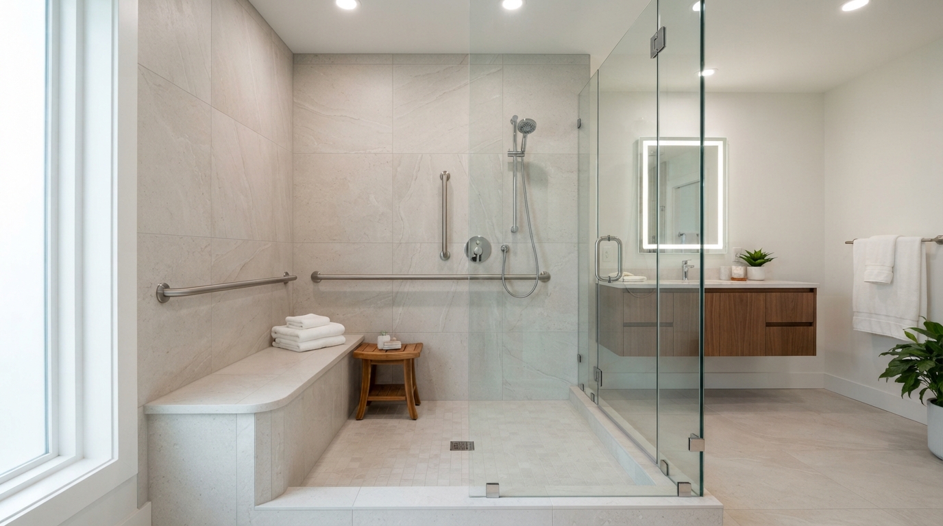 Accessible curbless walk-in shower with built-in bench, handheld shower, and integrated grab bars for aging in place