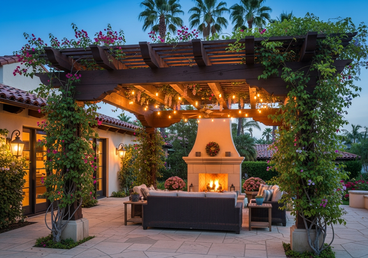 Luxury custom pergola with climbing plants and outdoor lounge seating in Southern California