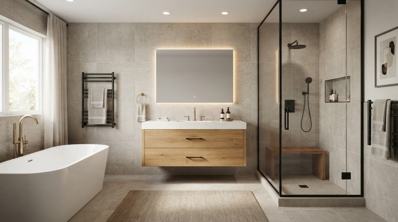 Modern bathroom with mixed metal finishes, brushed brass faucet, matte black hardware, and large-format porcelain tile
