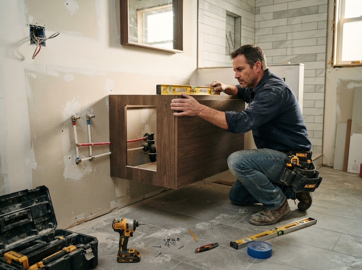 Contractor installing a wall-mounted floating bathroom vanity cabinet with exposed plumbing supply lines and drain pipe visible, level and tools on the floor, drywall partially prepared