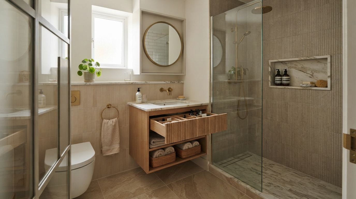 Smart storage solutions in a small bathroom with built-in shower niche and recessed medicine cabinet