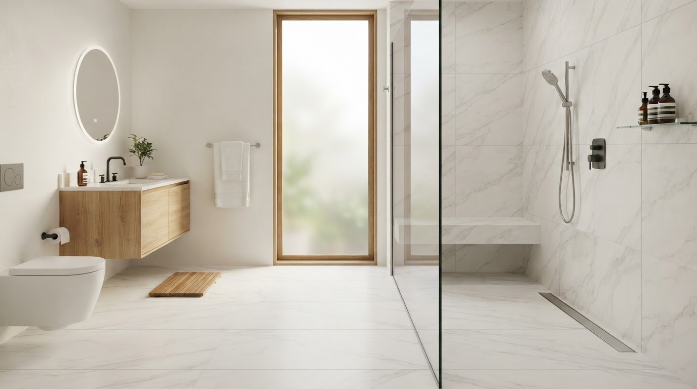 Luxury modern bathroom with a curbless walk-in shower, zero-threshold level entry, continuous large-format marble-look porcelain tile, frameless fixed glass panel, linear drain, built-in bench, and spa-inspired minimalist design