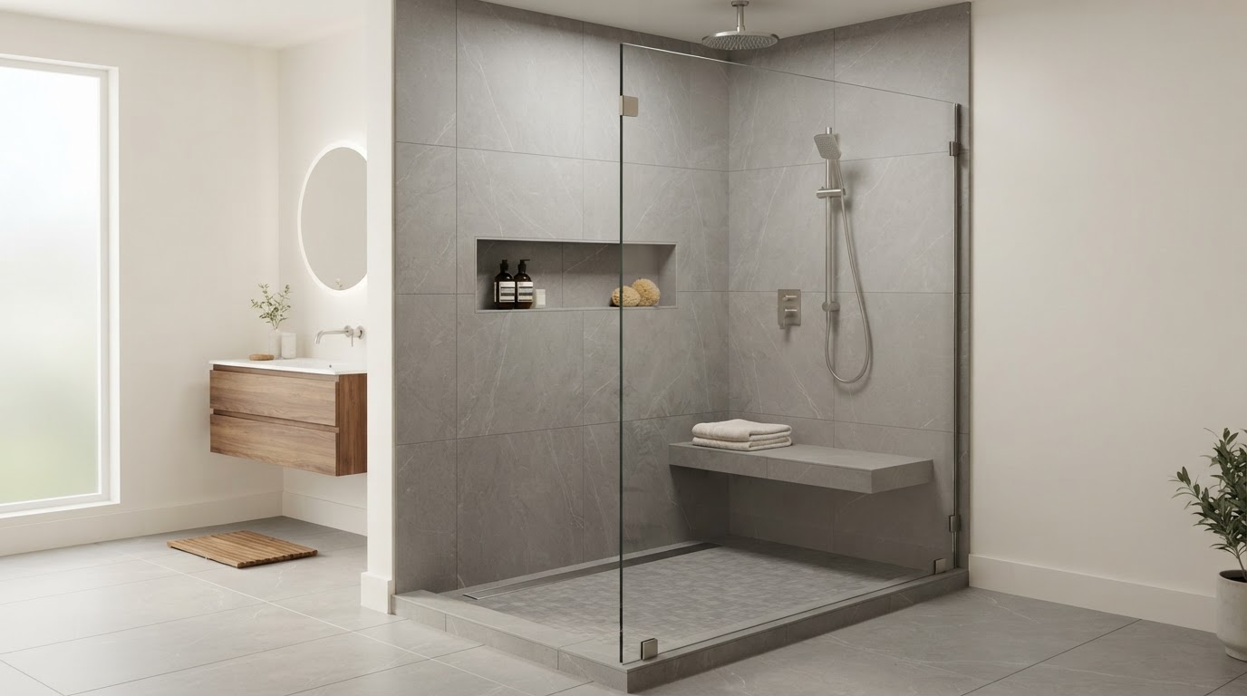 Modern curbless shower with a sleek linear drain along the wall, large-format gray porcelain tile, single fixed frameless glass panel, rain shower head, floating bench, and recessed niche