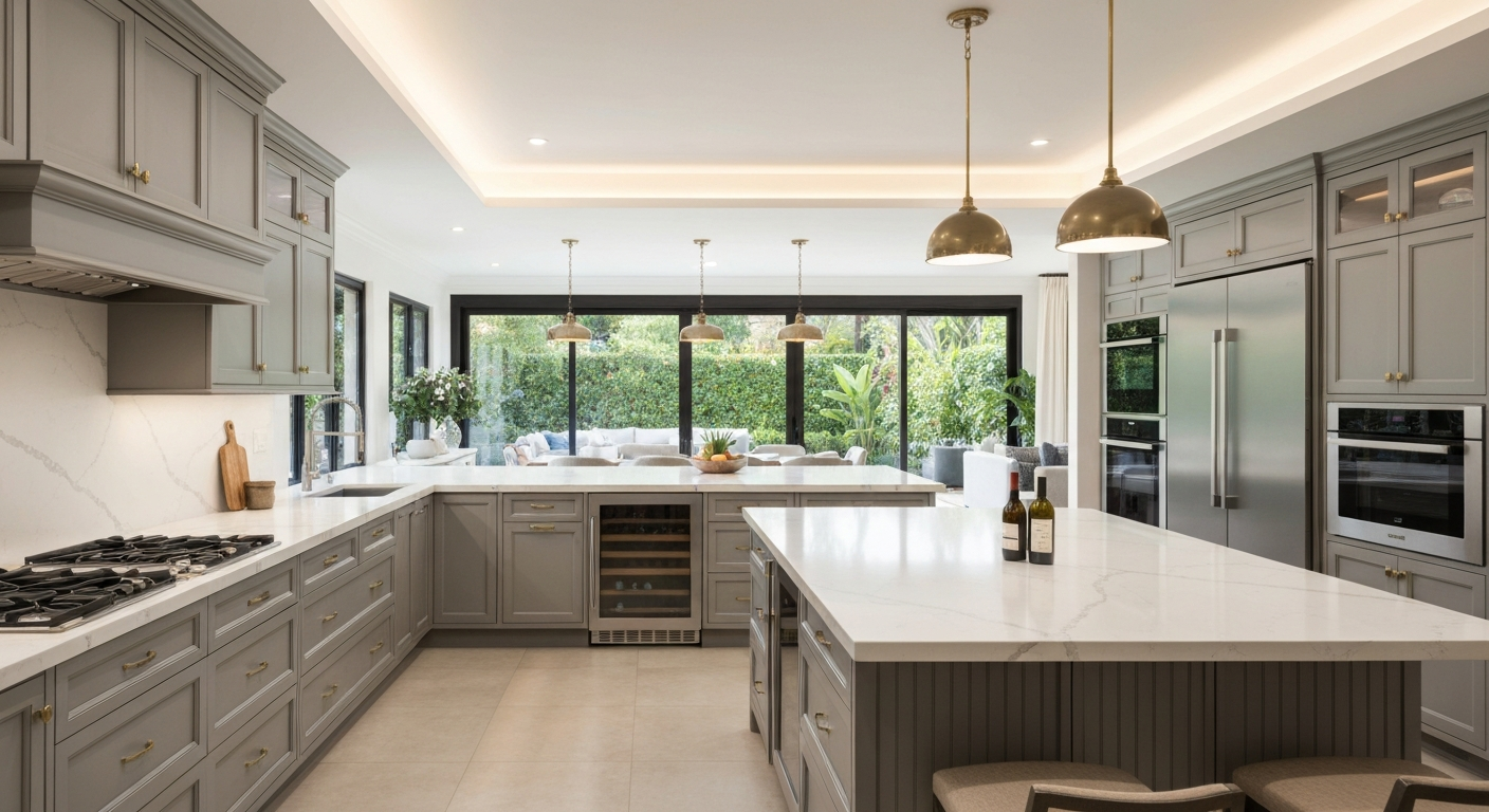 Luxury kitchen remodel with custom cabinetry and quartz countertops