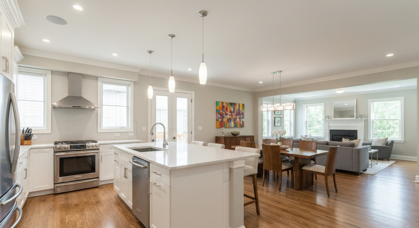 Open concept kitchen flowing into living area
