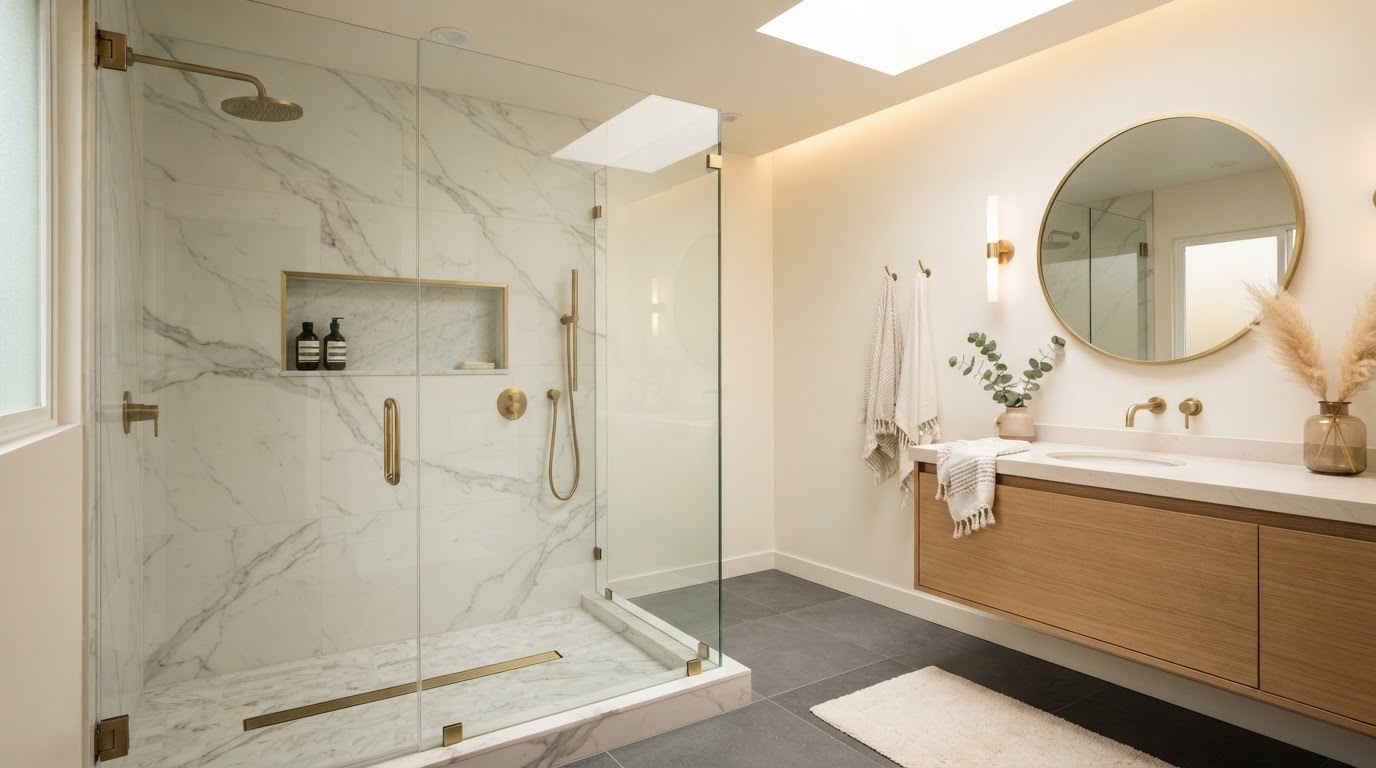 Luxury modern bathroom with a frameless glass shower enclosure, large-format marble-look porcelain tile, brushed brass fixtures, recessed shower niche, and walk-in shower entry