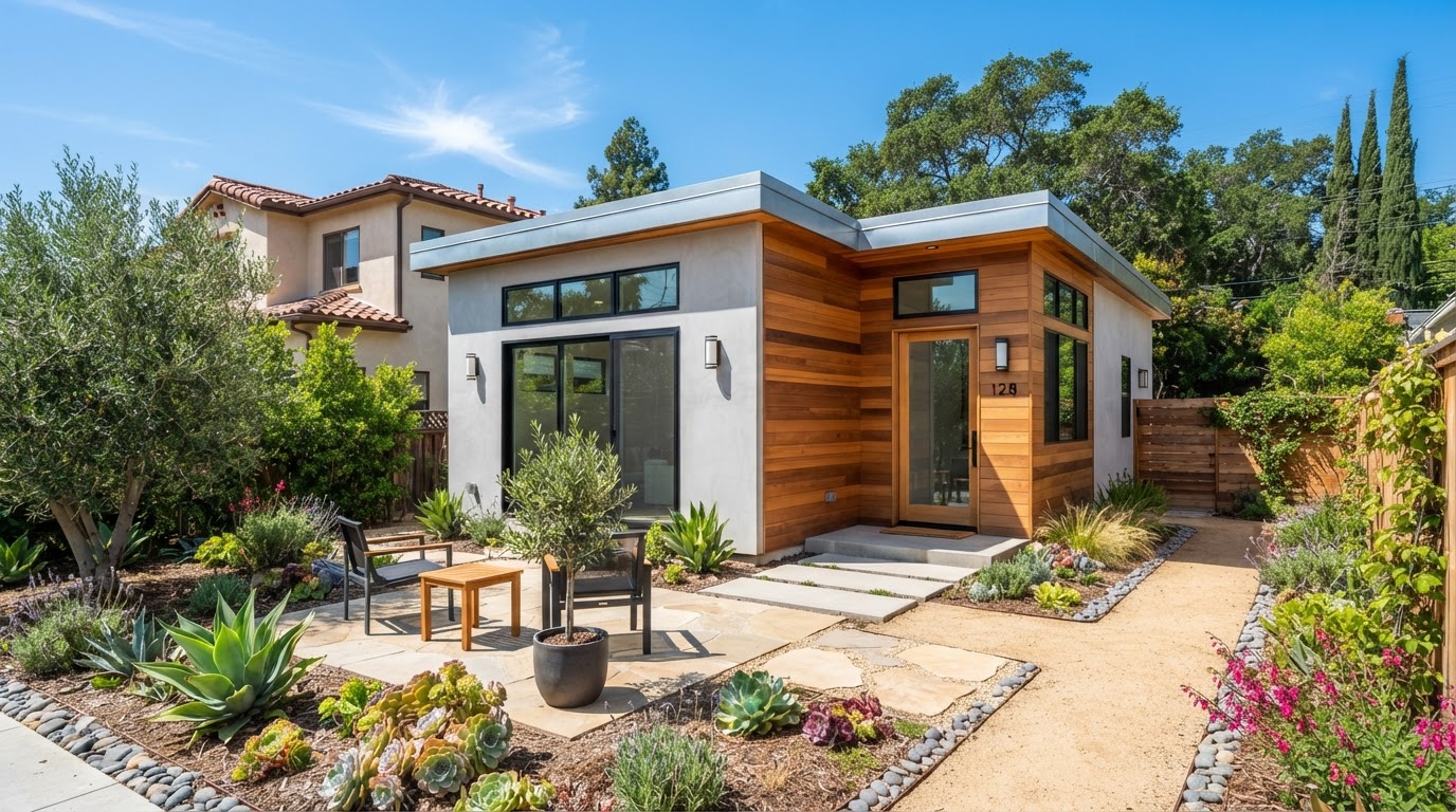 Newly constructed detached ADU backyard cottage in Southern California with contemporary stucco and wood siding, black-framed windows, and flat roof
