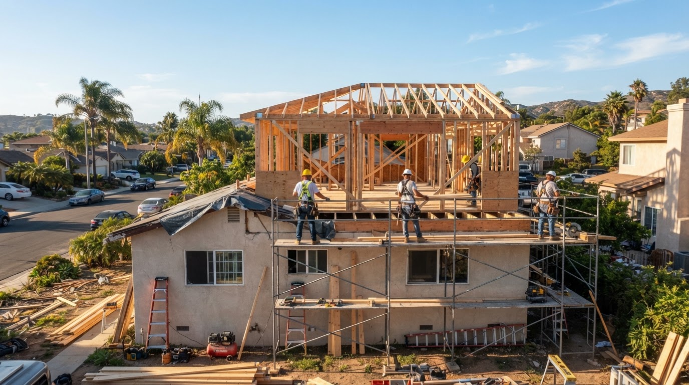 A second-story home addition under construction in a Southern California neighborhood, with the existing single-story house roof removed and new wood framing for a second floor being built on scaffolding, structural reinforcement visible, representing the longer structural timeline of a second-story addition