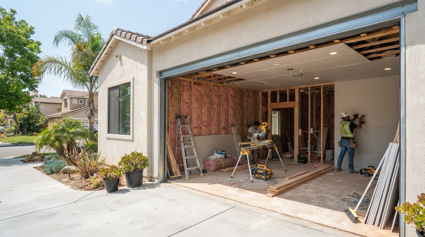 Two-car garage being converted into a modern ADU living space with interior framing, insulation, and new drywall visible during construction