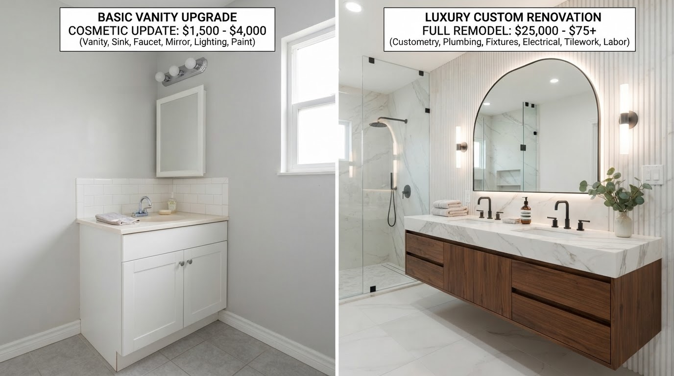 Comparison of basic bathroom vanity upgrade vs luxury custom bathroom renovation showing cost differences