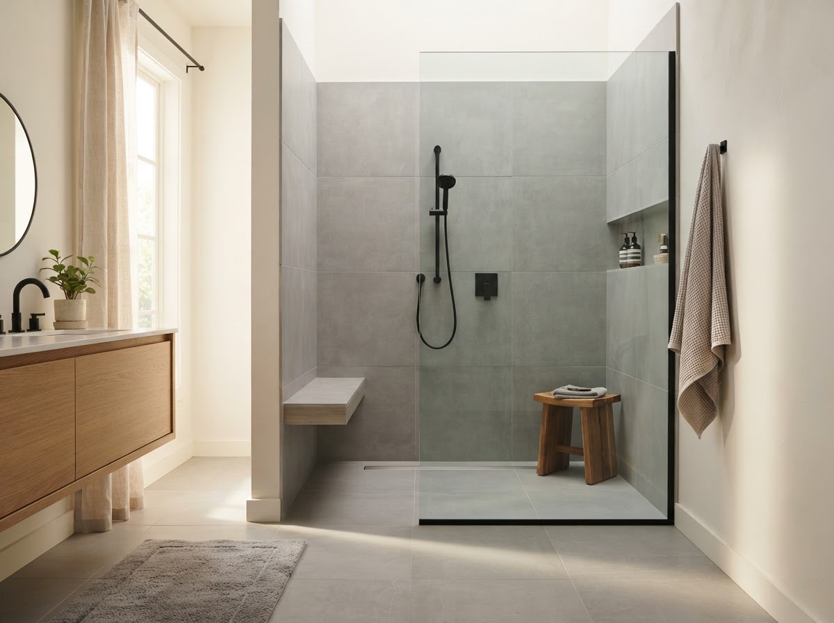 Curbless walk-in shower with a single fixed glass panel, continuous large-format gray porcelain tile floor, linear drain, handheld shower, and built-in bench