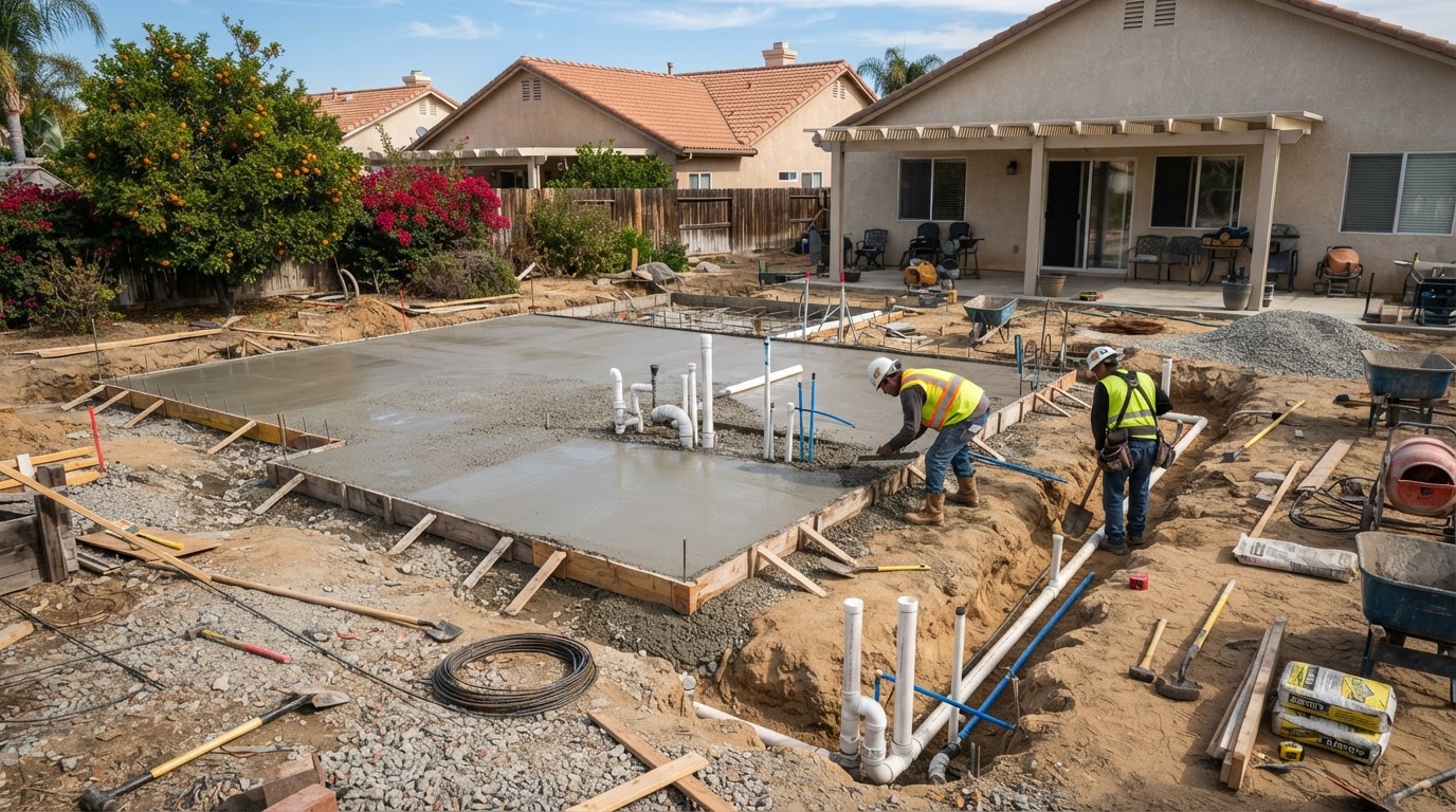 Backyard ADU construction site with freshly poured concrete foundation, utility trenching, and plumbing pipes during site preparation