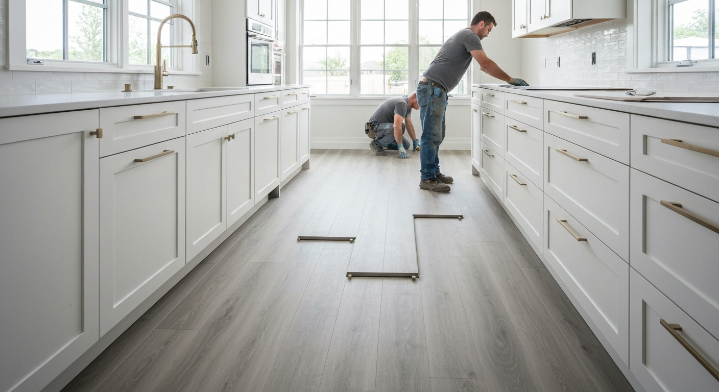 Professional flooring installation in a high-end modern kitchen