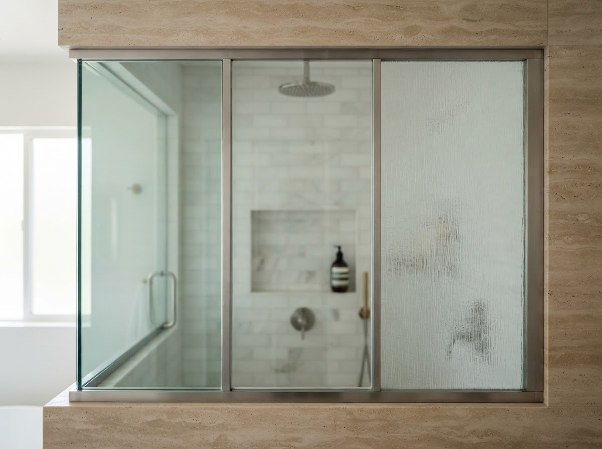Comparison of shower glass types including clear glass, low-iron ultra-clear glass, and frosted textured glass panels showing the difference in clarity and tint