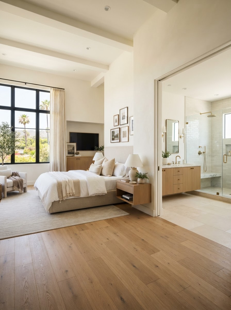A bright modern primary suite bedroom interior in a Southern California home addition with large windows, neutral warm tones, an elegant bed, and a view through to an en-suite bathroom with a walk-in shower and custom cabinetry, representing primary suite addition cost in Orange County and Los Angeles