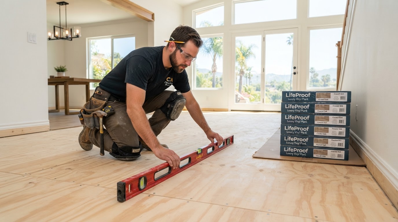 Skilled flooring installer preparing a clean level plywood subfloor with a level tool before installing luxury vinyl plank flooring, stacks of LVP boxes nearby in a renovated Southern California home