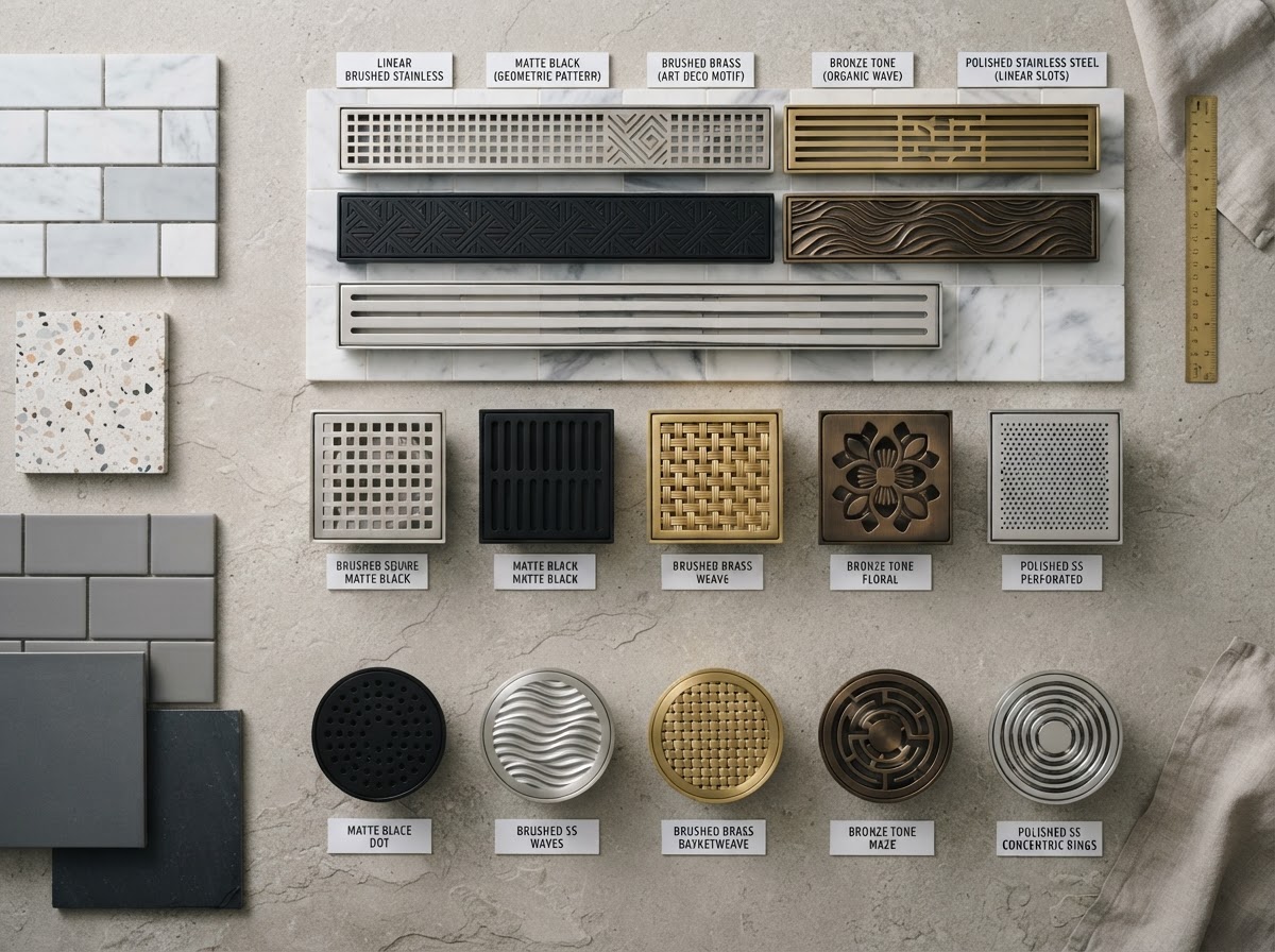 Collection of decorative shower drain grates in brushed stainless steel, matte black, brushed brass, and bronze finishes, plus round and square point drain strainers arranged with shower tile samples