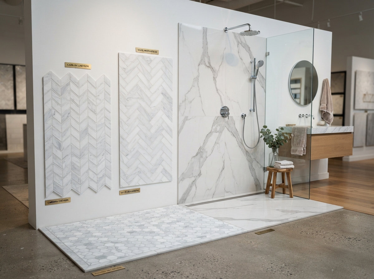 Bathroom shower tile comparison showing chevron marble, herringbone subway, hexagon mosaic, and large-format porcelain samples