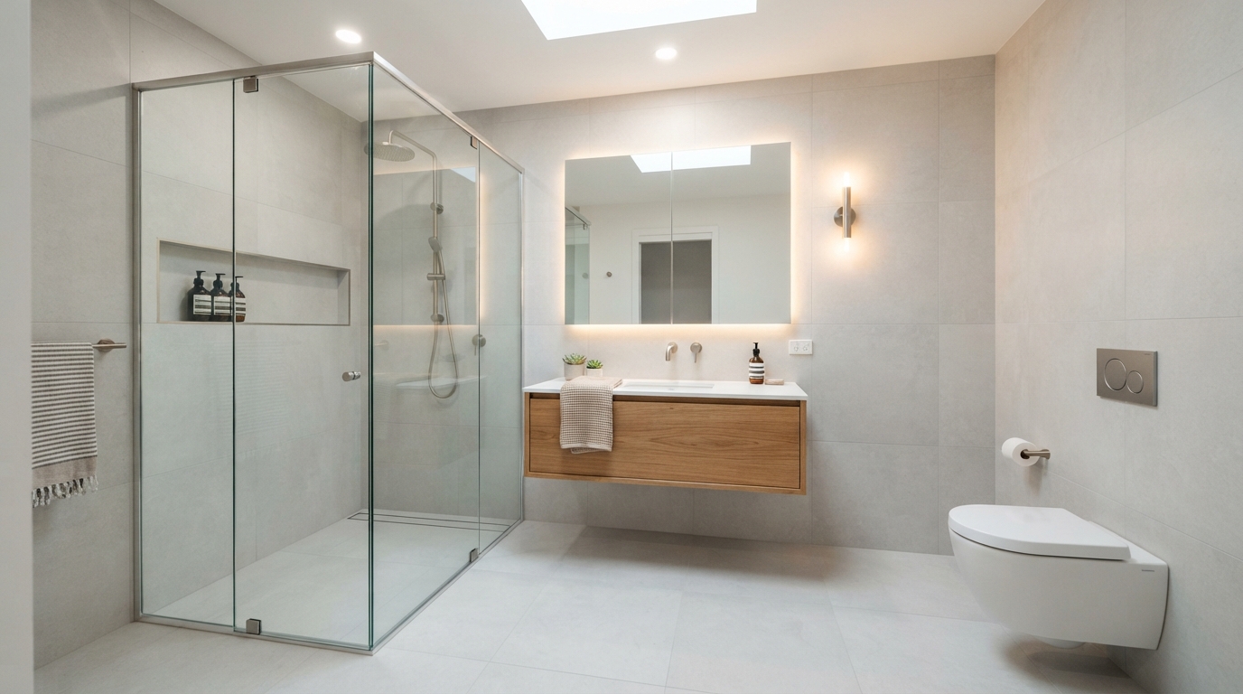 Small bathroom remodel with large-format tile, frameless glass shower, and floating vanity in Orange County