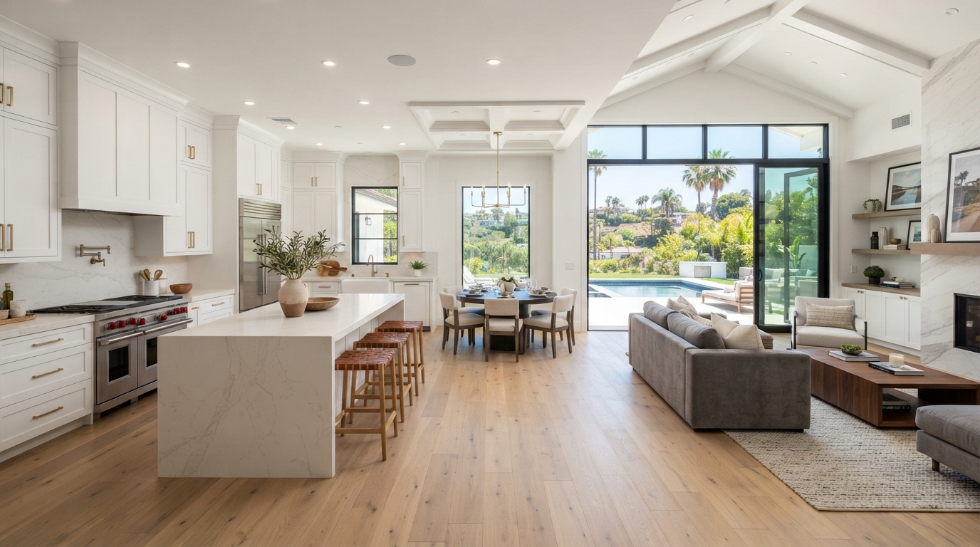 Luxury open-concept kitchen remodel with large island, custom cabinets, hardwood floors, and integrated living and dining areas