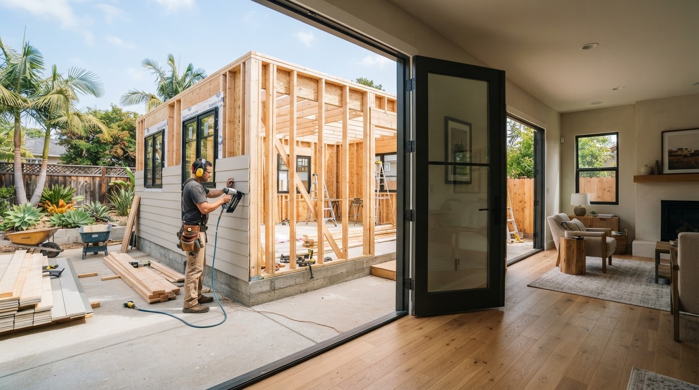 A modern ground-floor home addition under construction in a Southern California backyard with new wood wall framing, foundation footings, exterior siding being installed, and open French doors connecting to the existing living room