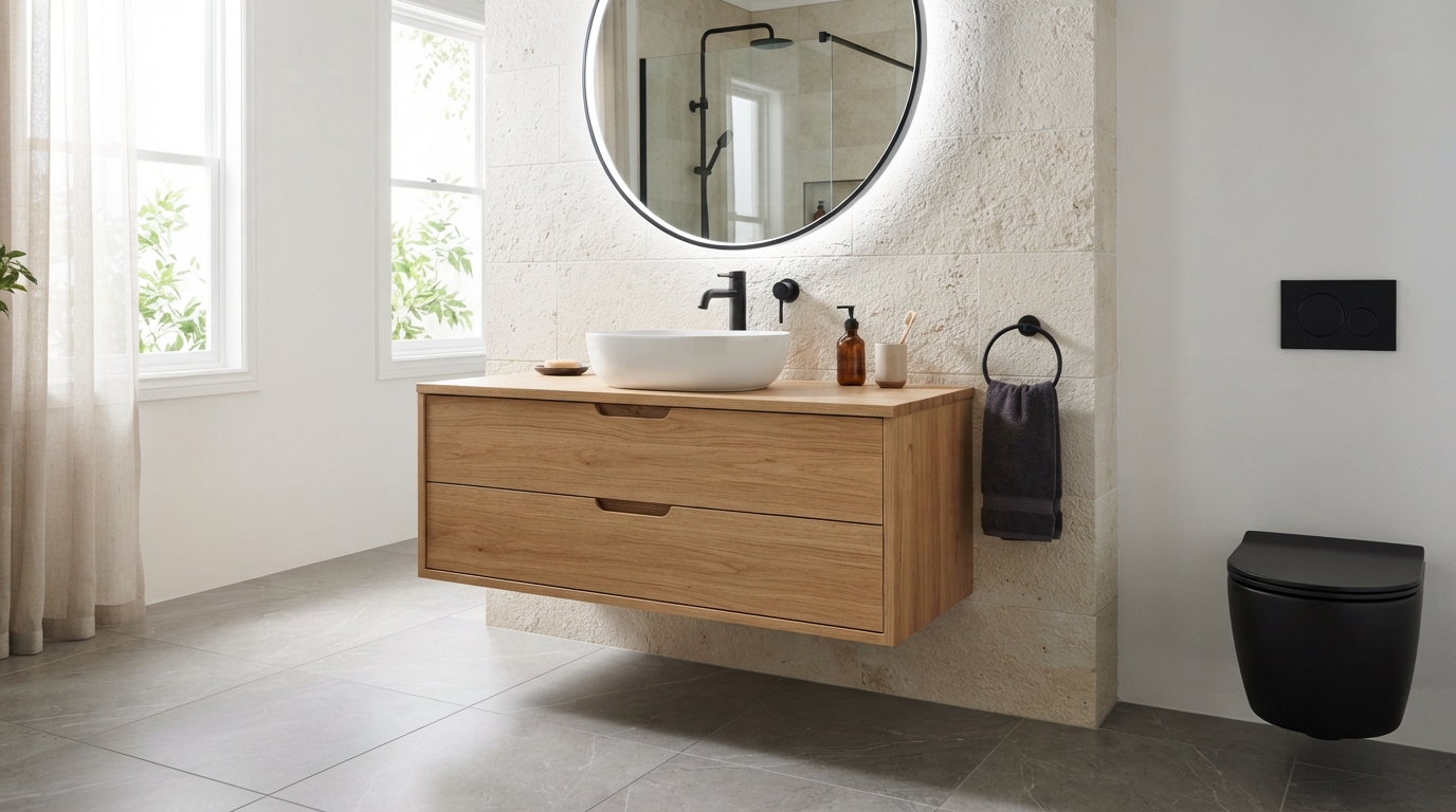 Floating wall-mounted bathroom vanity with light oak finish and vessel sink, creating an open feel in a small bathroom