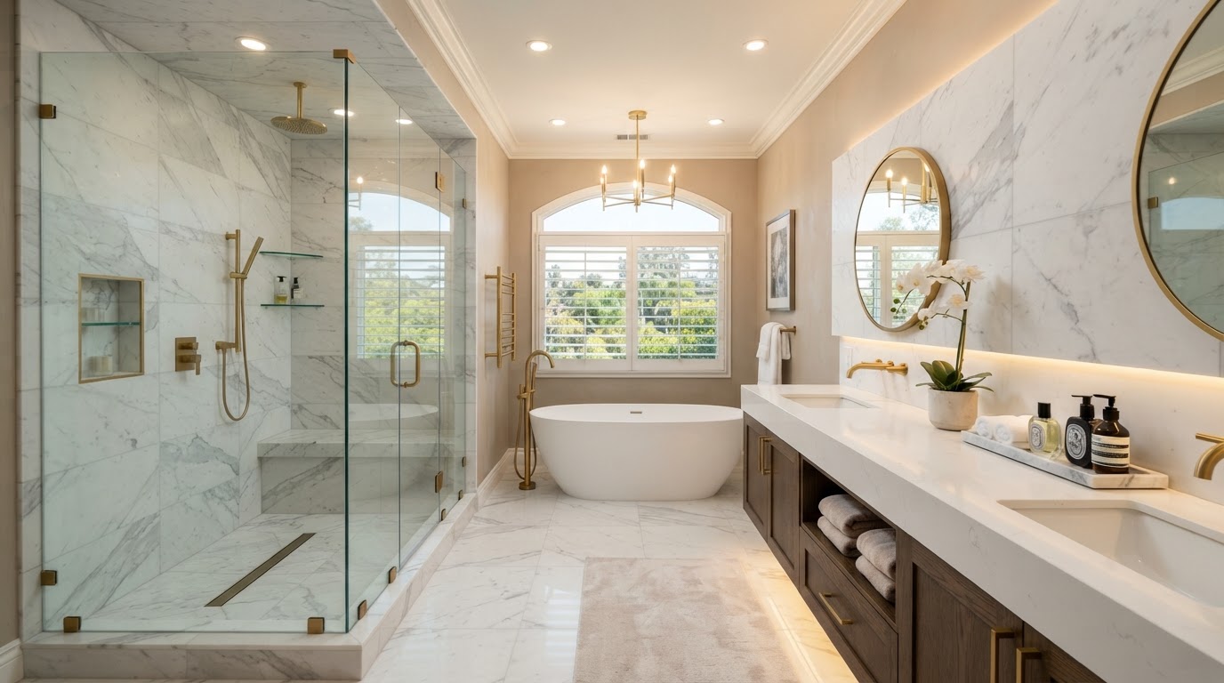 Luxury bathroom remodel in Orange County with walk-in shower, marble tile, and double vanity